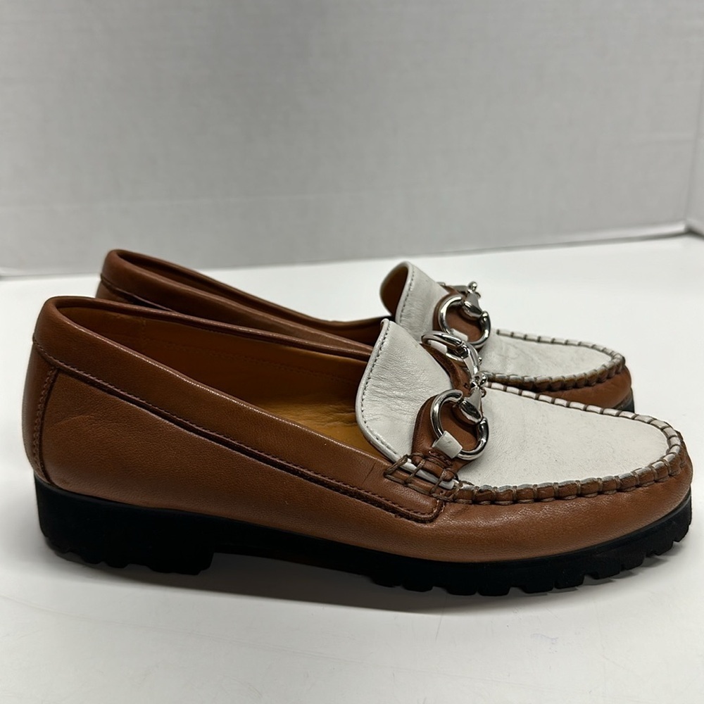 Robert Zur Loafers Leather Gancini Horse Bit Buckle Shoes Tan Brown White Size 6 - Picture 2 of 10
